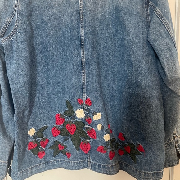 Madewell Blue Denim Jacket with Embroidered strawberries and sun. - Picture 5 of 8